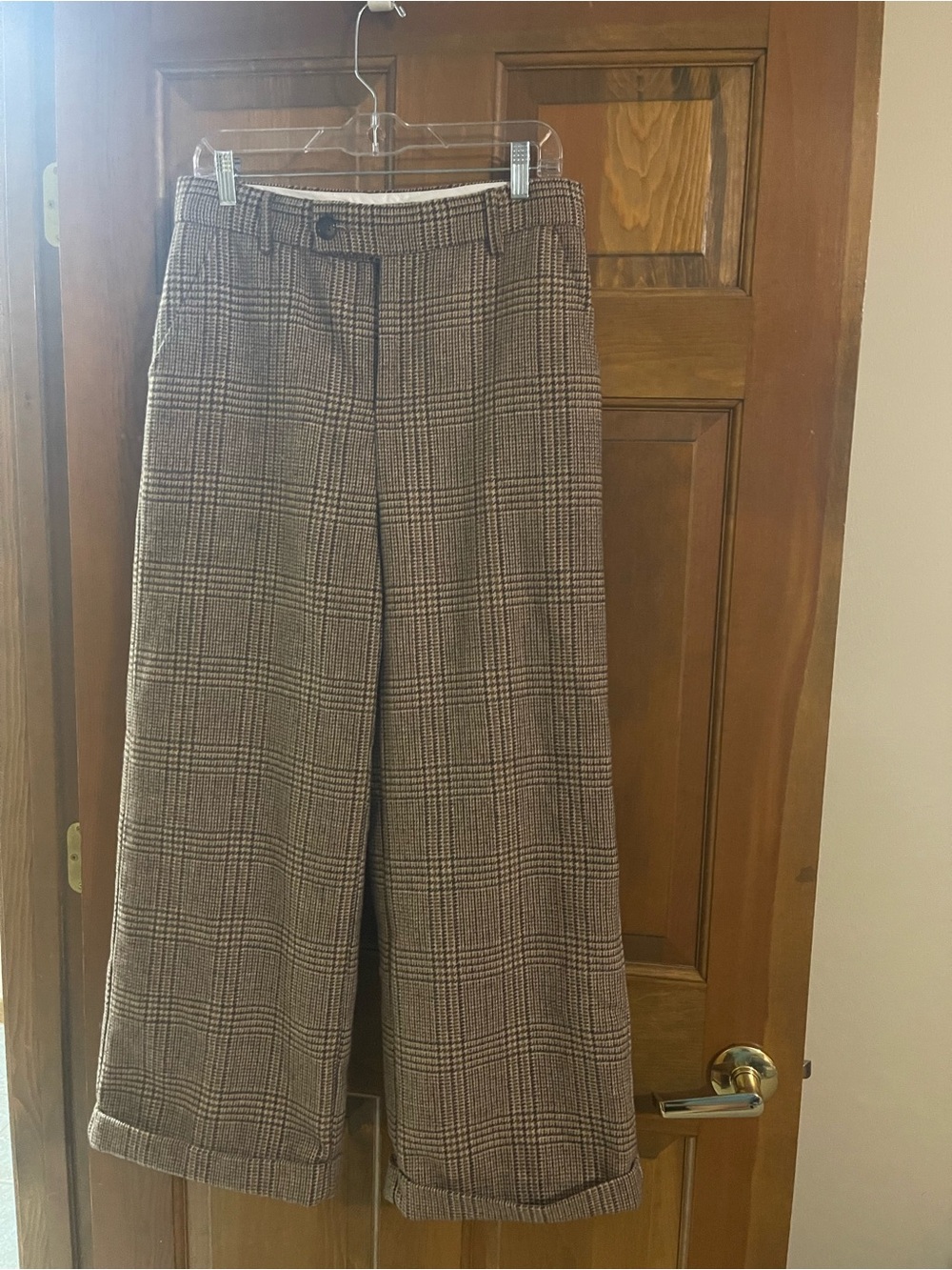 Wide Leg Plaid Trousers - Brown